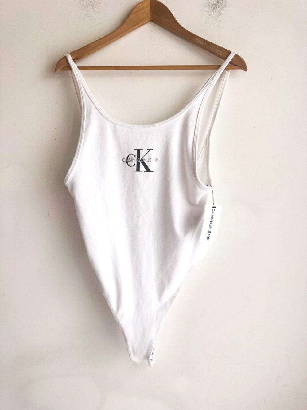 Calvin Klein White Logo Print Thong Cotton Low Back Bodysuit L